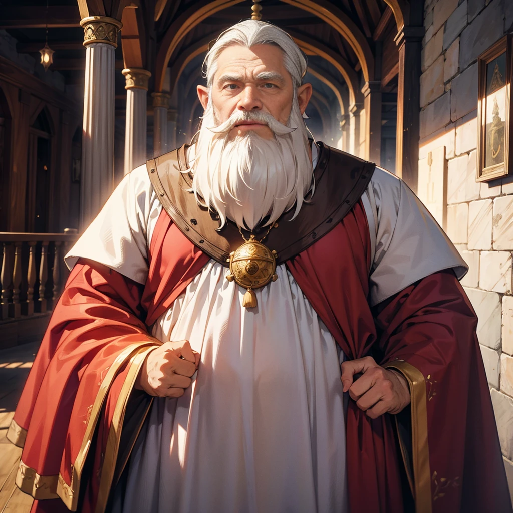 old wise dwarf with white beard in medieval outfit on the hall
