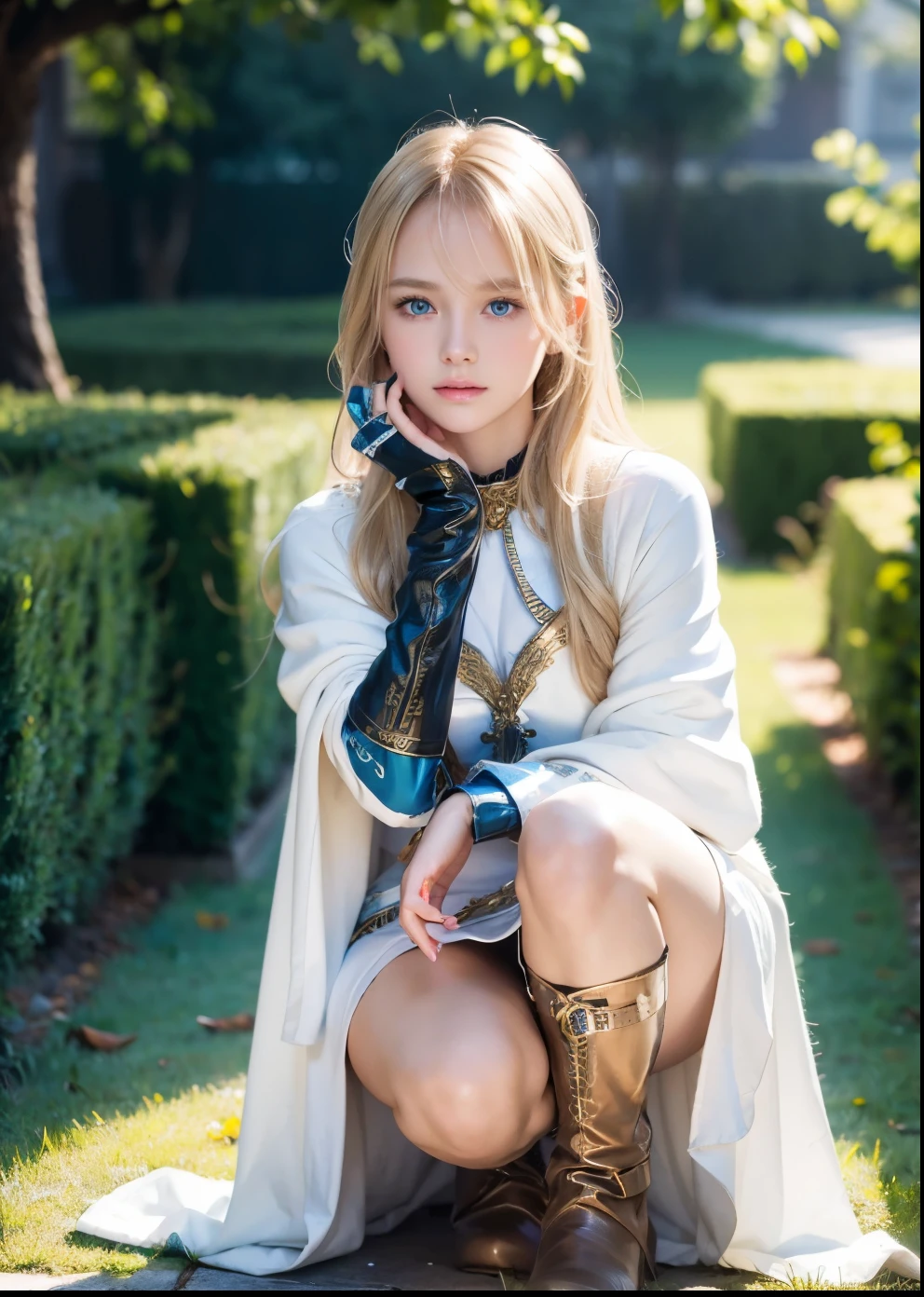 beautiful blonde girl, 15 years old, very detailed face, big bright blue eyes, long shiny blonde hair, bangs, small face, glowing skin, highlighter, white skin, radiant skin, round face, yellow short skirt, photorealistic, highly detailed, 8k, realistic, hyper detailed, natural lighting, cinematic, digital art, fantasy, elegant, beautiful, dark blond curvy hair and a headlace over her forehead. She wears brown long boots over her knees and white priestess robes and chainmail underneath it,short skirt 