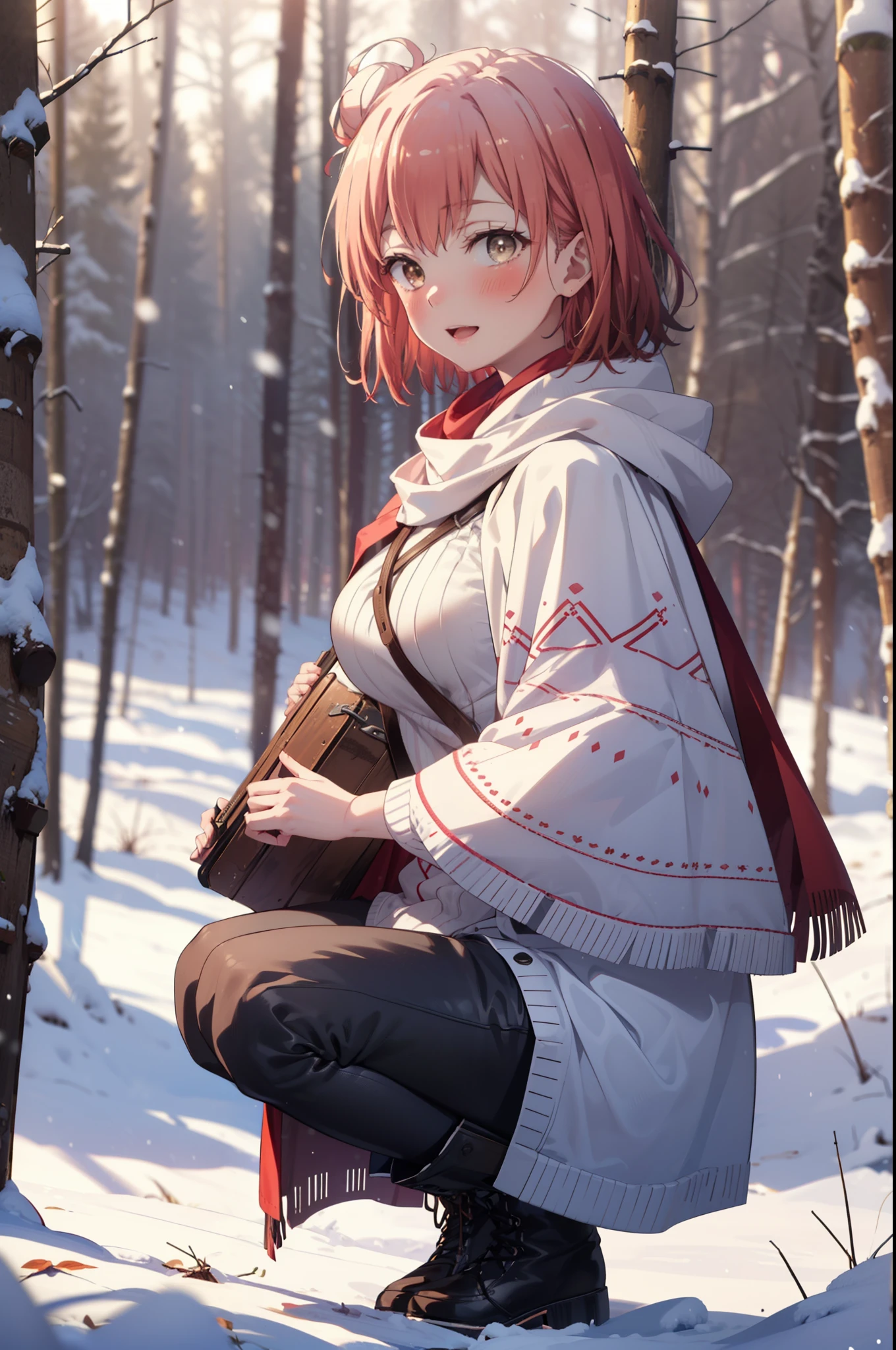 yuiyuigahama, yui yuigahama, short hair, (Brown eyes:1.5), (Pink Hair:1.2), Hair Bun, single Hair Bun, smile, (Big Breasts:1.2),smile,blush,White Breath,
Open your mouth,snow,Ground bonfire, Outdoor, boots, snowing, From the side, wood, suitcase, Cape, Blurred, forest, White handbag, nature, Squat, Mouth closed,Cape, winter, Written boundary depth, Black shoes, red Cape break looking at viewer, Upper Body, whole body, break Outdoor, forest, nature, break (masterpiece:1.2), Highest quality, High resolution, unity 8k wallpaper, (shape:0.8), (Beautiful and beautiful eyes:1.6), Highly detailed face, Perfect lighting, Highly detailed CG, (Perfect hands, Perfect Anatomy),