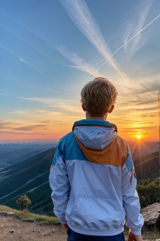 A boy standing on top of a mountain at evening viewing a beautiful sunset in front of him , the has blonde hair and blue eyes, the sky is orange and there is a plane flying in the sky