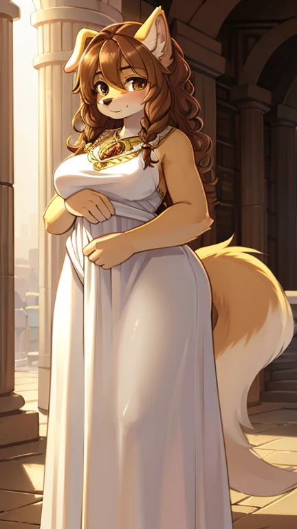 best quality, best resolution, (fluffy anthro furry), golden retriever girl, brown hair, curly hair, (light yellow fur), medium breast, thick thighs, (orange belly dancer outfit), standing, egyptian temple