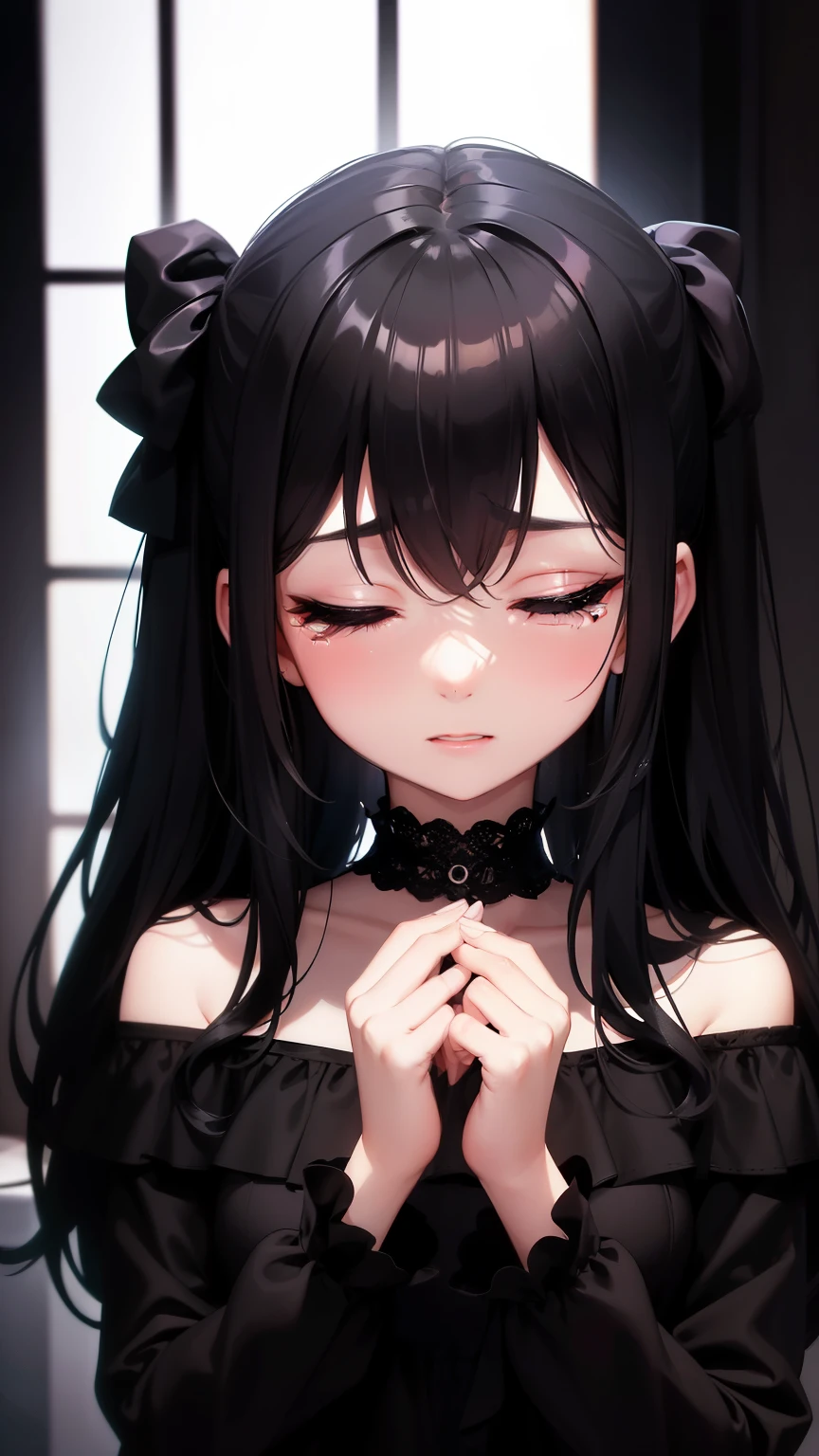 cute, young beautiful girl in a black dress, girl in a room with black walls, girl in a dark room, bright light on the girl’s face girl hands-on-eyes closed-eyes wiping-tears crying tears open-mouth covering-eyes