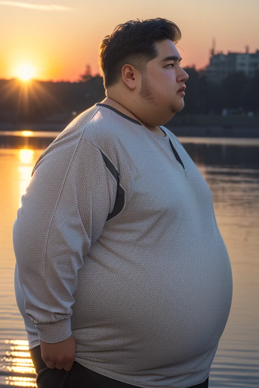 a slender young male, visible abs, full body shot, right profile, (height 186cm, weight 105kg):1.5, (obese:1.5), highly detailed, photorealistic, 8K, realistic lighting, cinematic composition, dramatic pose, chiseled facial features, piercing eyes, masculine physique, natural skin texture, athletic pose, dramatic shadows, warm golden hour lighting, realistic skin pores and imperfections, detailed clothing folds and wrinkles