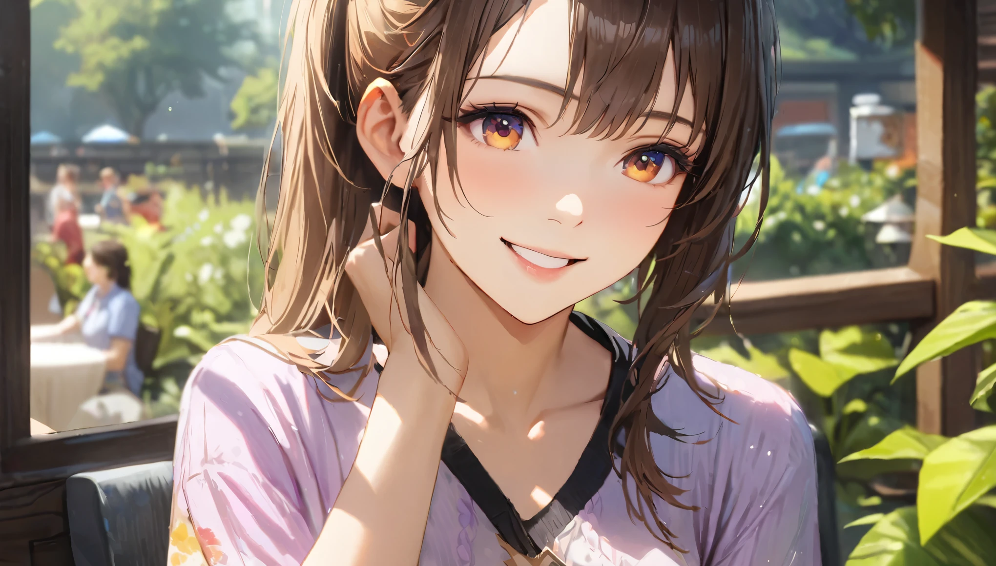 garden, Cute casual clothes,On a date,Blur the background,High school girls,ponytail,smile,Glitter effect,Highest quality, 4K, 8k, High resolution, masterpiece:1.2, Very detailed, Realistic:1.37, High resolution, 超High resolution, Ultra-fine painting, Sharp focus, Physically Based Rendering, Very detailedな説明, Professional, Vibrant colors