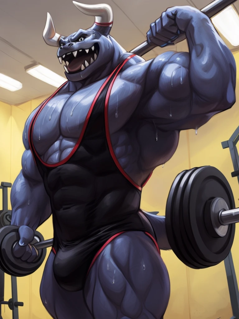 by braeburned,digital painting,extreme detail,by dangpa,by takemoto arashi,by honovy,by blotch,by mindkog, BREAK (dragaux) is excercising in his local gym. he is wearing a wrestling singlet, dumbbell|holding object, bicep curl, open mouth, muscular, sweaty, massive bulge:1.8