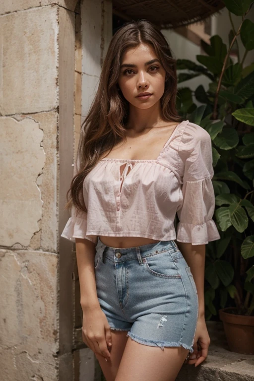 fingers visible. The results of the photo of the body perpendicular to the camera are visible up to the knees. um close up de uma mulher com um top rosa e shorts jeans, Violeta Myers, lindo alfaiate de jade feminino, vestindo roupas simples e justas, Retrato de Sophie Mudd, meio rosa, modelo do instagram, portrait meio rosa, roupa apertada, vannessa ives, portrait of meio rosa, linda garota vestindo terno regata, 2 modelo feminino de 4 anos, cintura fina e quadris grossos