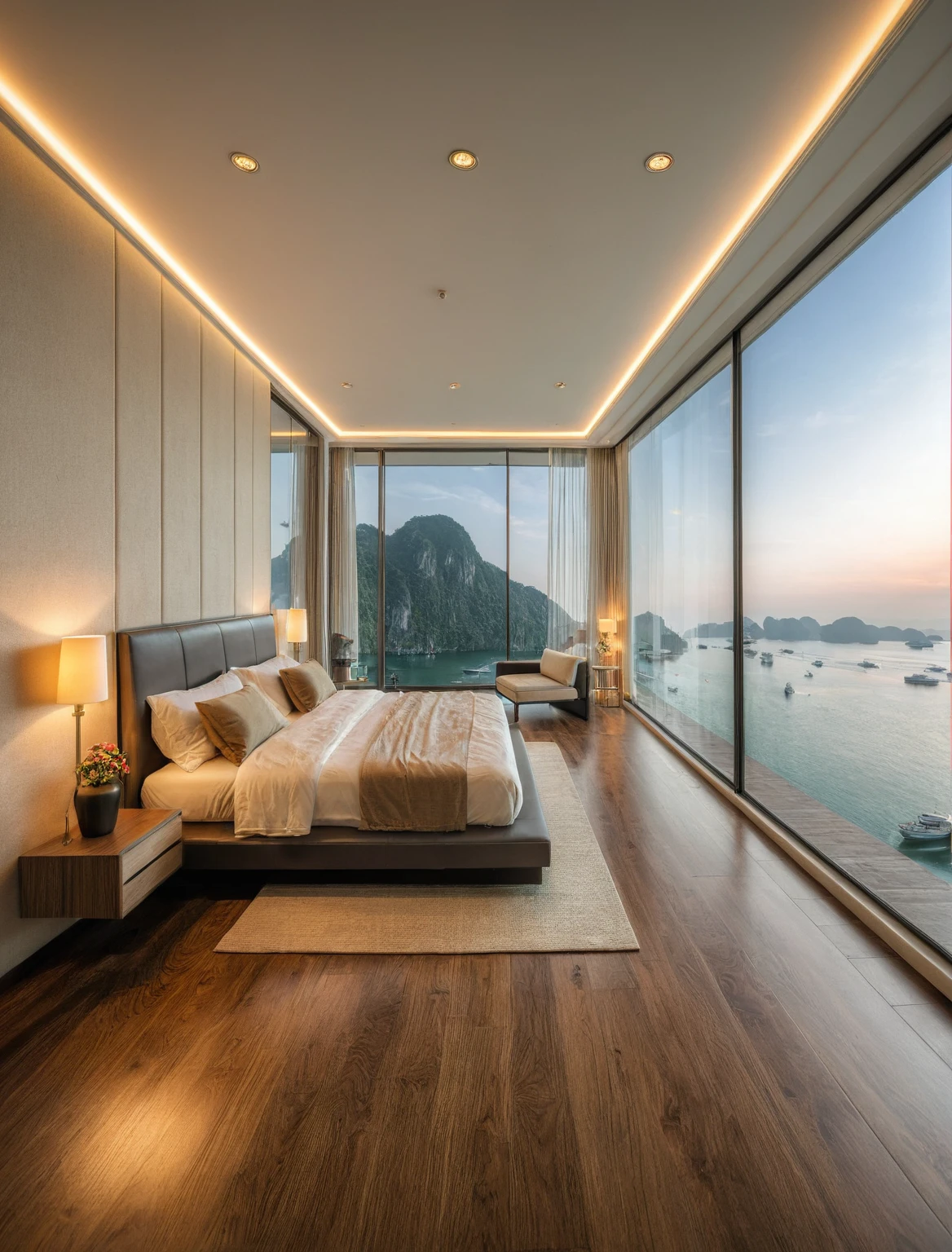 Raw photo,Masterpiece, high quality, best quality, authentic, super detail, interior, indoors, bedroom style modern , view sea halong bay , sunset, day light, bed, lamp, carpet, bedside cabinets, flower vase, wooden floor ,glass windows, downlight, armchair and tea table, curtain,