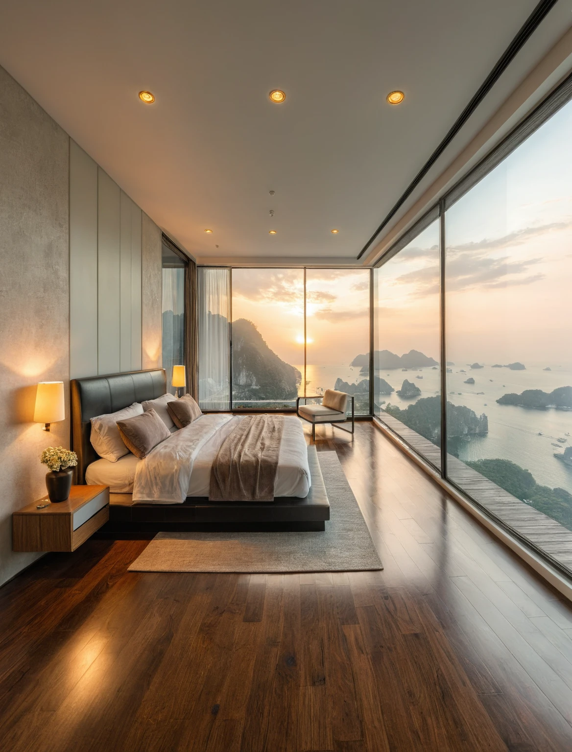 Raw photo,Masterpiece, high quality, best quality, authentic, super detail, interior, indoors, bedroom style modern , view sea halong bay , sunset, day light, bed, lamp, carpet, bedside cabinets, flower vase, wooden floor ,glass windows, downlight, armchair and tea table, curtain,