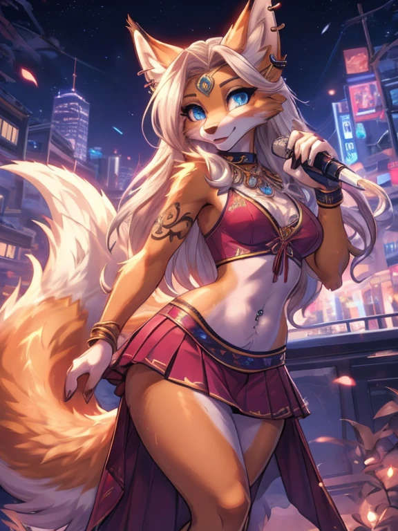 Chica anime,tennage girl 18 years old, anime style, cute kotori date alive, shy girl , Orejas de Kitsune, arte de dark natasha, city landscape, arte de vixen aztra, cuerpo completo, patas hermosas, cintura delgada, caderas amplias, navel white blouse, white&pink skirt, navel piercing, ear piercing, navel tattoo, atrevid pose, back pose, fluffly tail, sensual eyes (la mejor definicion) long hair, black flash, city party, city night life, party girl, idol girl, girl with microphone singing, deep blue eyes (HD), white&pink dress, super mega star idol, aura pura, silueta de luz, silueta radiante de luz dorada, su cuerpo brilla, best lighting in photography, mermaid mini skirt, lovely girl, sending kiss, heartlove