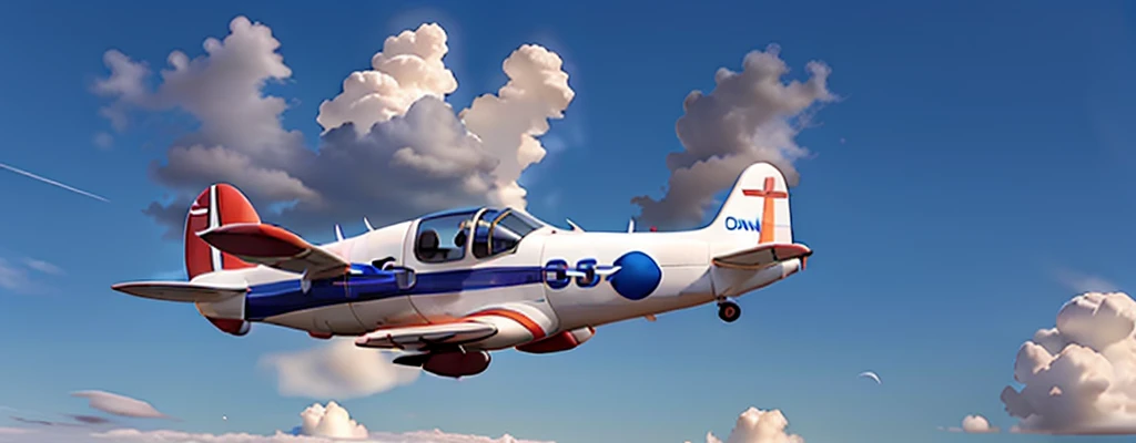 Lateral view of a small Airplane flying on a blue sky with some cartoon cloud