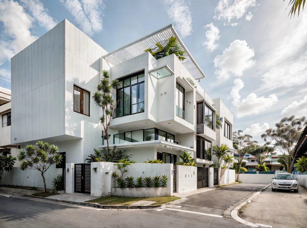 Raw photo,Masterpiece, high quality, best quality, authentic, super detail,
exterior, outdoors, house, modern style, white wall, glass windows, balcony, gate, minimalist line,
on the street vietnam,road,pavement, grass,tropical trees, sky,