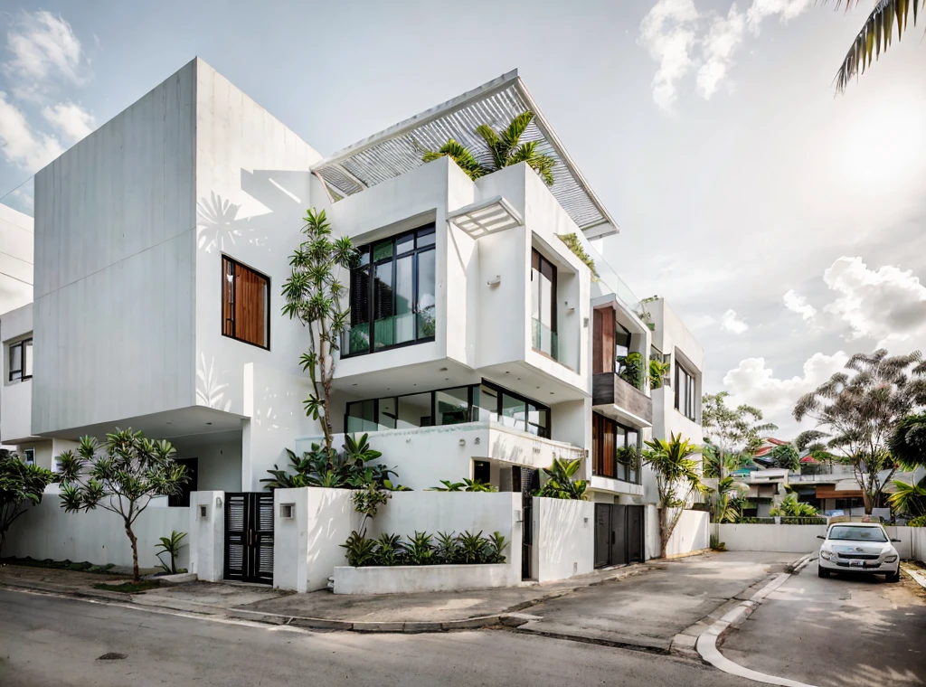 Raw photo,Masterpiece, high quality, best quality, authentic, super detail,
exterior, outdoors, house, modern style, white wall, glass windows, balcony, gate, minimalist line,
on the street vietnam,road,pavement, grass,tropical trees, sky,