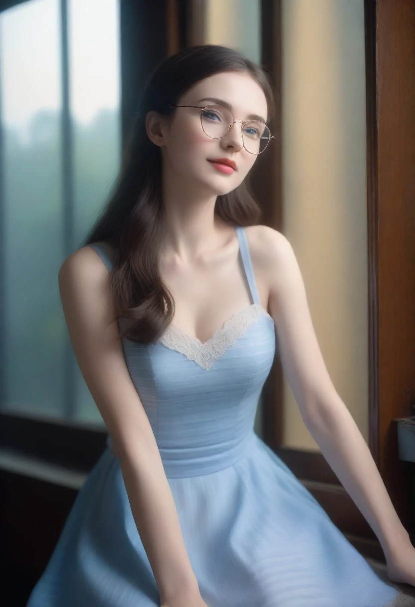 (Best quality, Ultra detailed, Golden ratio, Masterpiece:1.2), Theatrical lighting:0.7, Photo of a woman, dressed in a very elegant and pretty dress, Perfect rare face, realistic, deep blue eyes (Highly detailed skin), long black straight hair, skin texture, Pale skin, shiny skin, (thin, large size:1.5), [:(Sharp focus on rare face, perfect eyes:1.5):0.2], photorealistic, film grain, Put one foot forward, from below looking up, look at camera, Emphasize the shoulders, Focus on face, Stockings, glasses, Smile with corners of mouth raised, disdainful expression, summer haze, muted colors, muted warm colors, Photo cinematic portrait of a woman dressed in a striped light blue dress sitting by the window in the early morning, cinematic, (tilted:1.3) (on an old train) look cautious, standing under a spotlight, volumetric dust clouds, key light, backlight, soft natural lighting, photography Film grain ISO 600 30 mm lens RAW f1.8 aperture, highly detailed (analog photography:1), colors hdr