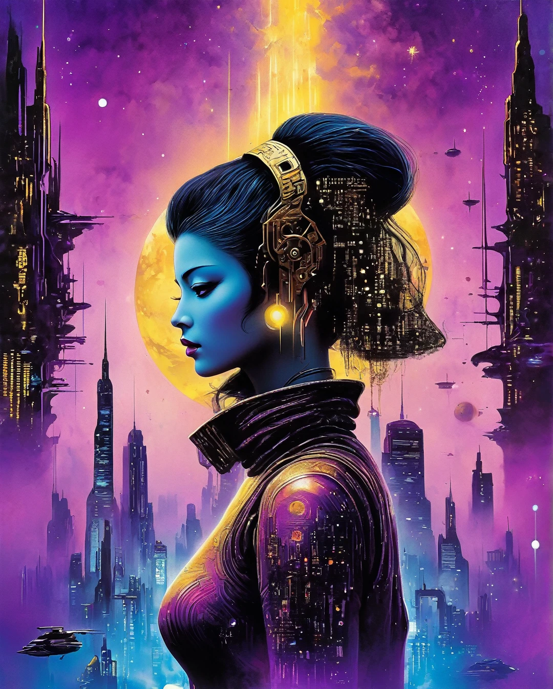 bladerunner filmposter：1 Lady, Starry sky and zodiac signs, Purple hues like nebulae, Vast space, city at the bottom of cyber punk personage, ( Background with:black and yellow Background with1.4), (RHAD:1.2), (artistic décor:1.4), (Retro-Future:1.4), (maximalist:1.4), (Clean:1.4), (Flat_colours:1.4), (cyber punk personage,Android:1.4), CCDDA art style, in the style of esao andrews..... (best quality,4k,8k,highres,masterpiece:1.2),ultra-detailed,(realistic,photorealistic,photo-realistic:1.37),alternative reality,telepathic,psychic powers,mind reading,third eye,mind bending,intense gazing,parallel universe,Yoshitaka Amano style,dreamlike,fantasy,vivid colors,soft lighting