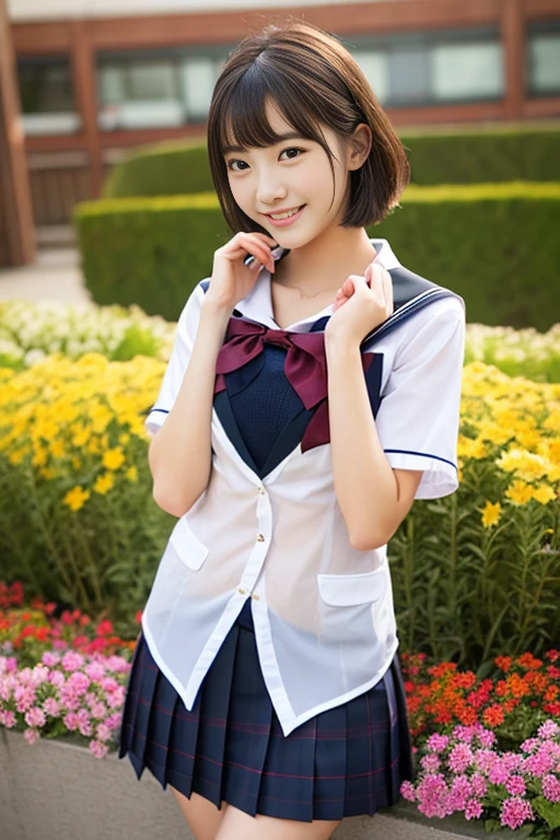 (((full bodyesbian)))、((Girls' High School Uniforms))、((1a person))、short ponytail hair、short bob hair、Close to the subject、((a school flower beds)))、(((ssmile)))、(((Girls' High School)))、((a beauty girl))、((sexy pose))、Photorealsitic、Beautiful detailed facial features、Hyper-Realism、highcontrast、Ultra HD、realistic skin textures、Top image quality、top-quality、超A high resolution、Fine details、Very meticulously、well-endowed round bosom