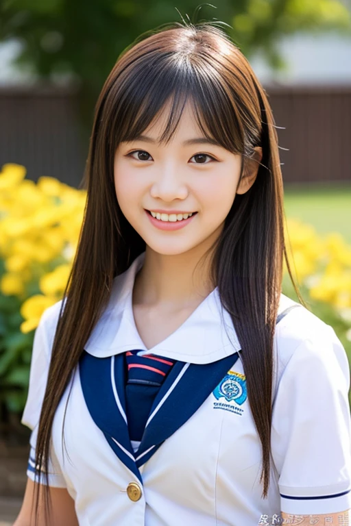 (((full bodyesbian)))、((Girls' High School Uniforms))、((１a person))、short ponytail hair、short bob hair、Close to the subject、((a school flower beds)))、(((ssmile)))、(((Girls' High School)))、((a beauty girl))、((sexy  pose))、Photorealsitic、Beautiful detailed facial features、Hyper-Realism、highcontrast、Ultra HD、realistic skin textures、Top image quality、top-quality、超A high resolution、Fine details、Very meticulously、well-endowed round bosom