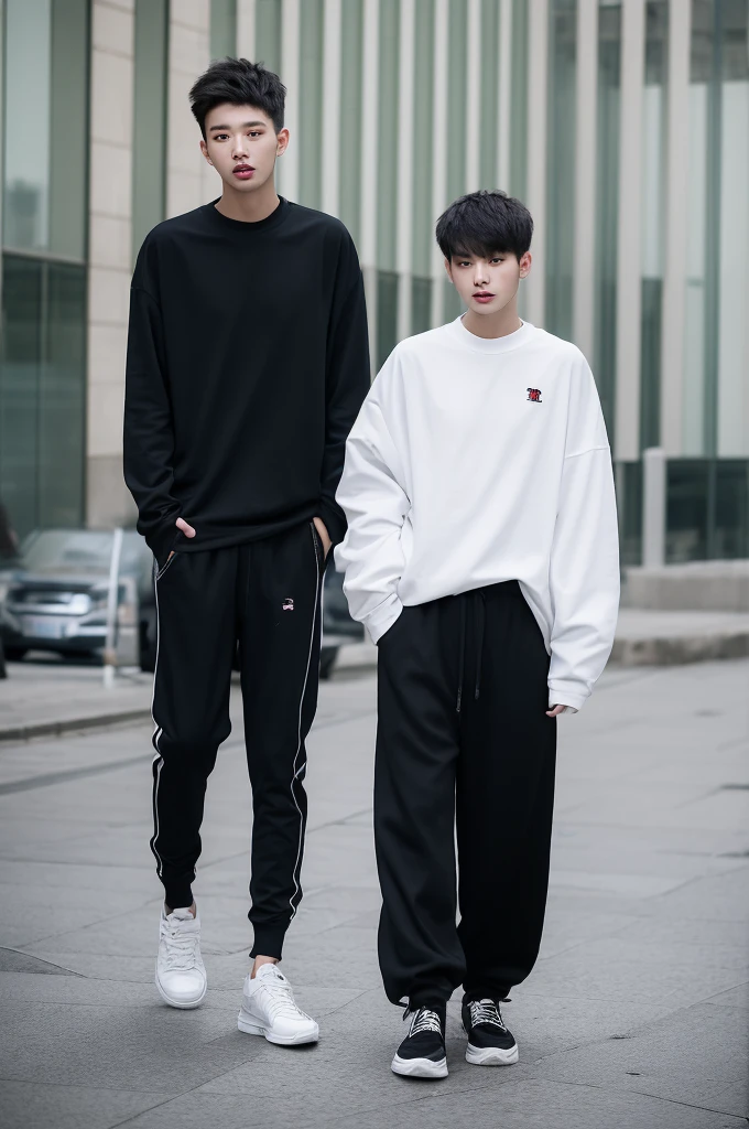 1 A Beijing young men, slim. wearing oversize white Round Neck Long Sleeve, black jogger pants, full body, black short cut, city