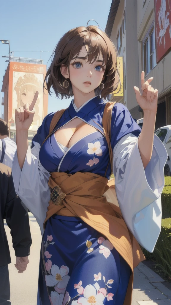 (perfect anatomy:1.2)(absurdres, highres, ultra detailed),masterpiece,best quality,high resolution,8k,Realistic face,Realistic skin texture,magnified textures, stunning clarity,detailed anime girl,(ultra detailed eyes and face),(:1.2),(baby face:1.2),japanese girl,floral printed blue yukata,、(very short hair, two side up:1.4)、tareme,light brown hair:1.2,kanzashi、glamor、short stature、、(bust up:1.4),Steampunk in the Edo Period、(Vivid hieroglyph signs and street advertisements:1.2)、busy、(worried1.4),autumn、hieroglyph,souk、Shopping Street、Ancient Egyptian statues,reaching out,(tanned skin:1.3 ),big breasts,look up viewer,round face,Shoulder Bare,(from front:1.2),(cleavage cutout)