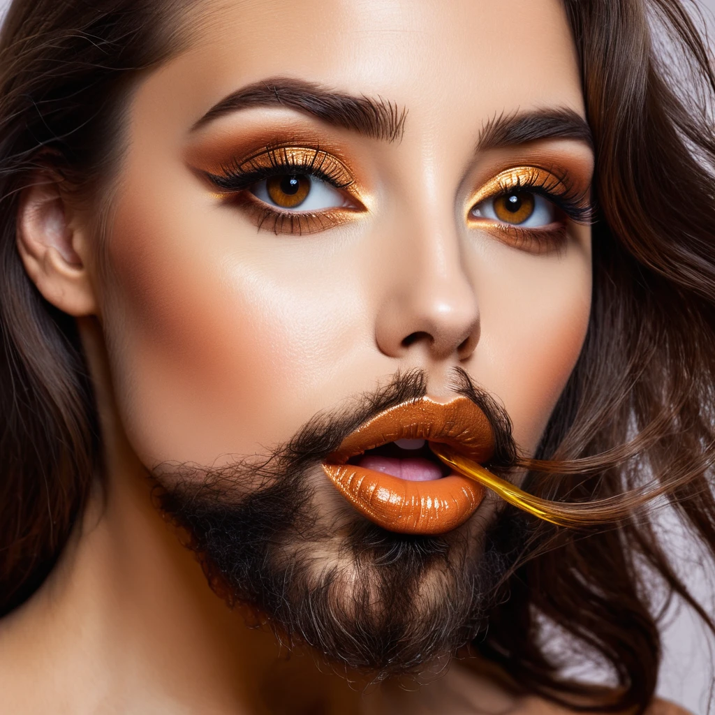 
bearded bearded woman, brown hair, amber eyes, kisses the void with her mouth