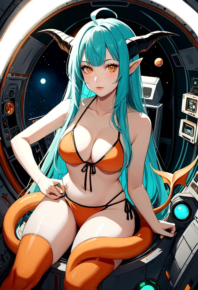 score_9, score_8_up, score_7_up,1 daemon woman, straight demon horns, (black horns),(upward-pointing horns) , vertical horns, black demon tail, (aquamarine hair),aquamarine green color hair,ahoge, long hair, (long hair),bangs, light orange bikini,bikini is orange, bikini orange, orange bikini!, (orange eyes), background is spaceship, orange eyes, 1woman ,facing viewer, daemon girl, bubbles, tube, close up,Well-endowed, alone,Spacecraft interior