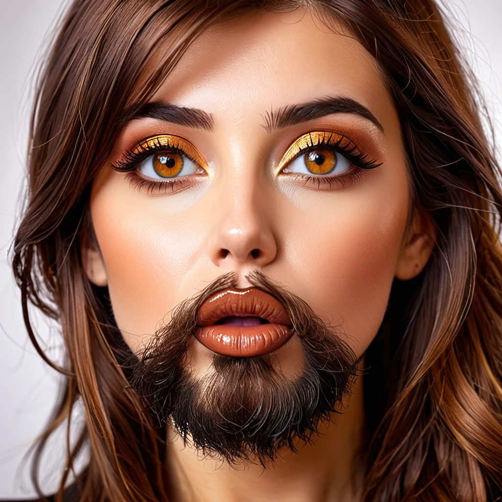 
bearded bearded woman, brown hair, amber eyes, kisses the void with her mouth