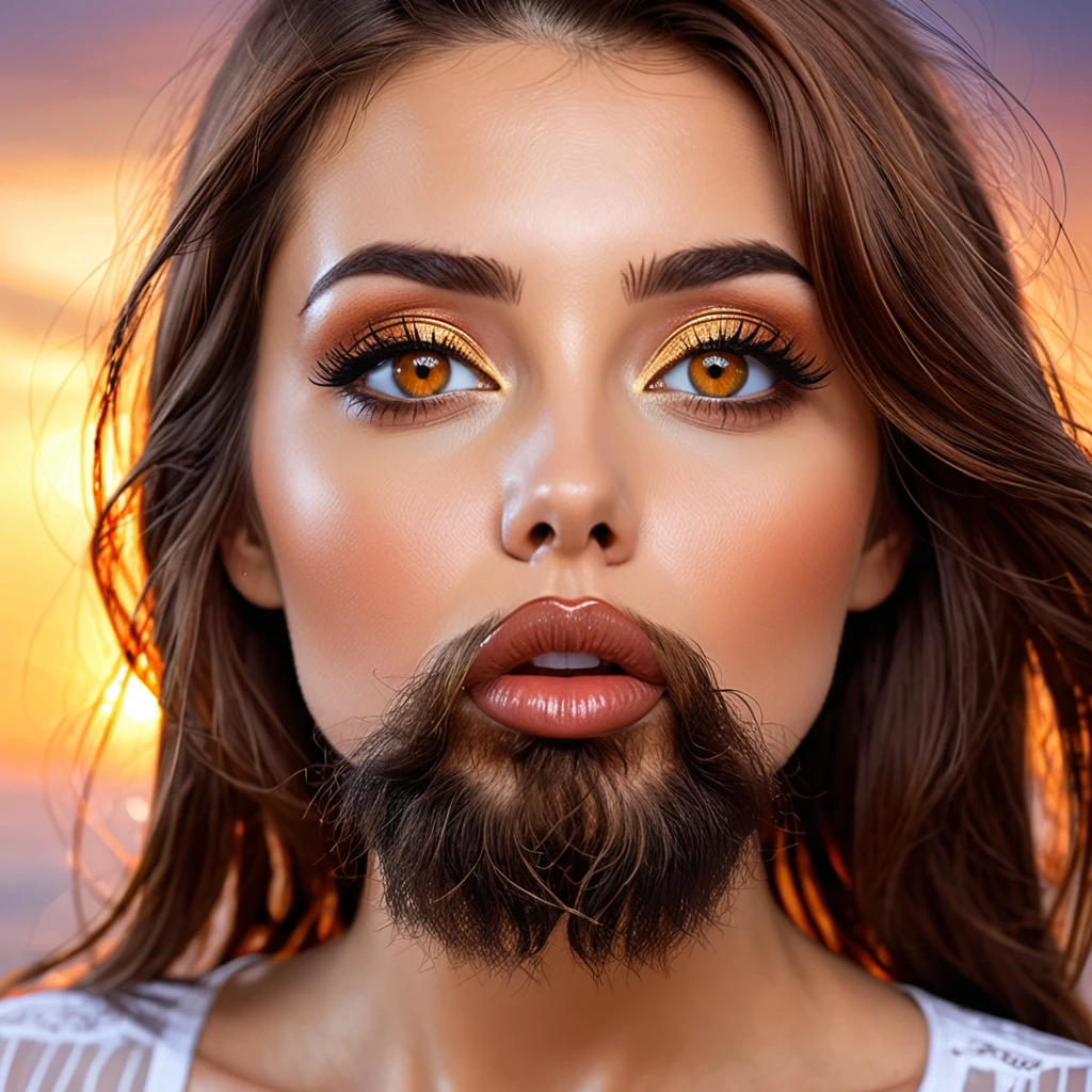 
bearded bearded woman, brown hair, amber eyes, kisses the void with her mouth