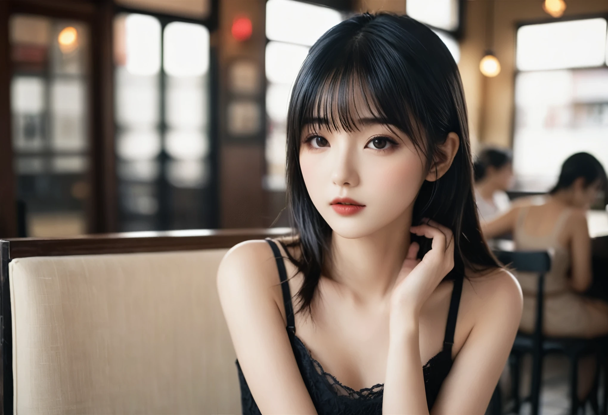 a girl，cute and pretty face，Long straight black hair，Long bangs covering eyes，long eyelashes，(Fine eyes)，small eyes，(half-closed eyes)，(Dark lipstick)，(Dark eyeshadow)，Slim body，Medium breasts，Slender limbs，Black spaghetti strap dress，Inside an old coffee shop，clean focus，shallow Depth of Field，Ultra-detailed faces，very beautiful face，Extremely high texture skin，Look to viewer，beautiful legs，seductive，femainine pose，(realistic ，realistic-photo，RAW photo，8K original)，lens flare，film grain，artistic photography，UHD，highres，masterpiece，retina，