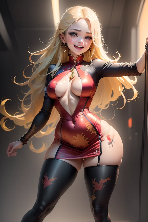 [Dress-up doll series - Marin-chan in Chinese clothes] (masterpiece, best quality), (absurdres absolutely resolution), (8k), (detailed beautiful face and eyes), (detailed illustration), (super fine illustration), (vibrant color), (professional lighting), nice hands, perfect hands, BREAK cinematic angle, dutch angle, (dynamic pose:1.3), BREAK (in My Dress-Up Darling style), (marin kitagawa), 1girl, solo, (long blonde hair, multicolored hair:1.5), shiny hair, swept bangs, (big red eyes, wide eyes:1.3), long eyelashes, red lipstick, long red fingernails, makeup blush, (shiny skin, skinny, slender body:1.4), BREAK (laughing:1.3), silver earrings, ear piercing, (gold dragon print, red dress, qipao, tights, zettai ryouiki:1.2), BREAK (night, indoors:1.3), (light particles:1.3), (Nightclub, colorful spotlights:1.3), (magnificent view), (cinematic lighting), (bokeh), more prism, (((Defined women's body))), (((thick thighs))), (((short underwear))), (((ultra detailed skin))), (((small waist)), (( (defined abdomen))), (((full body))), (((curvy body))), (((masterpiece))), (((62k))), (((Maximum quality))), (((RAW))),