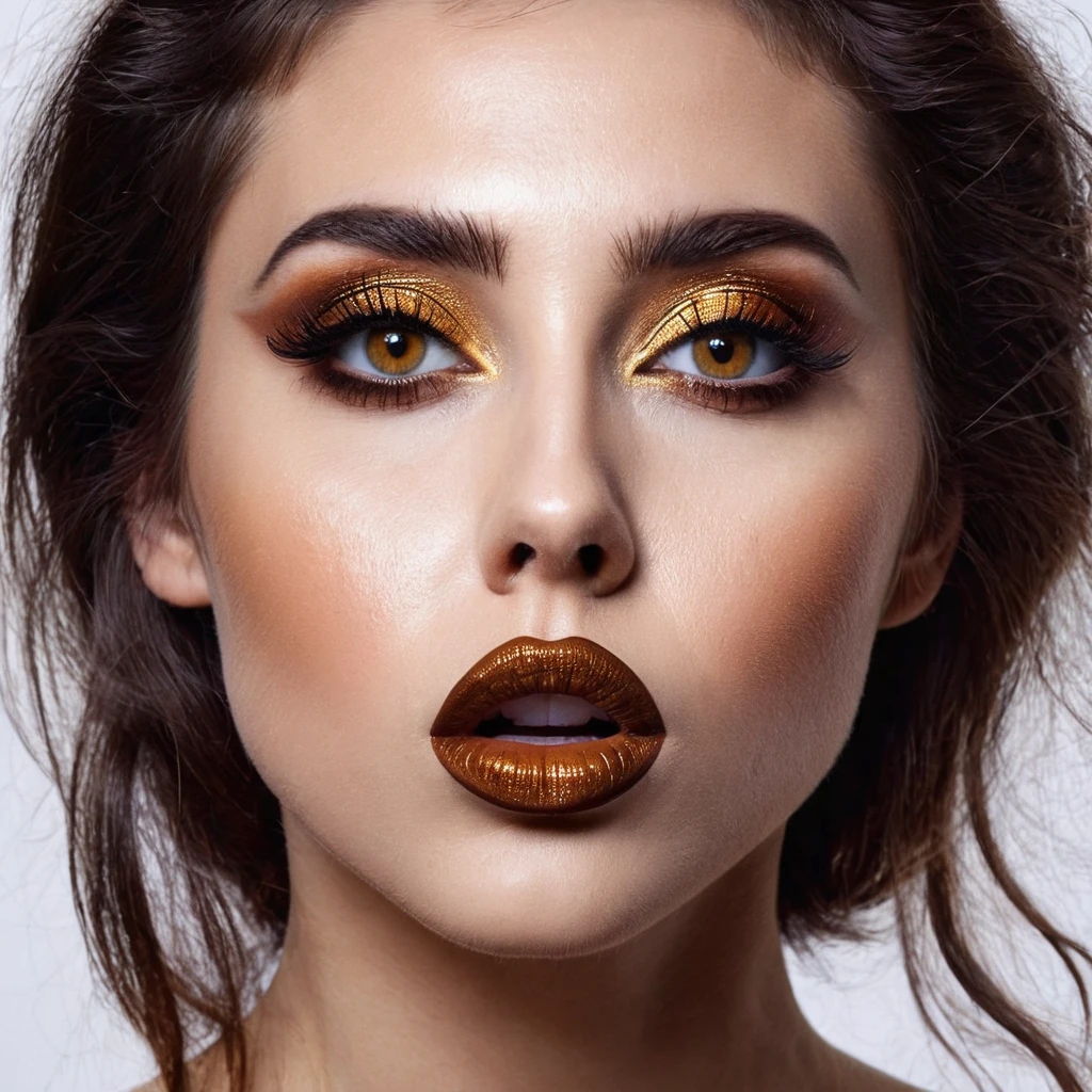 bearded bearded woman, brown hair, amber eyes, kisses the void with her mouth
