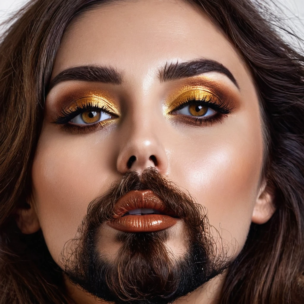 bearded bearded woman, brown hair, amber eyes, kisses the void with her mouth