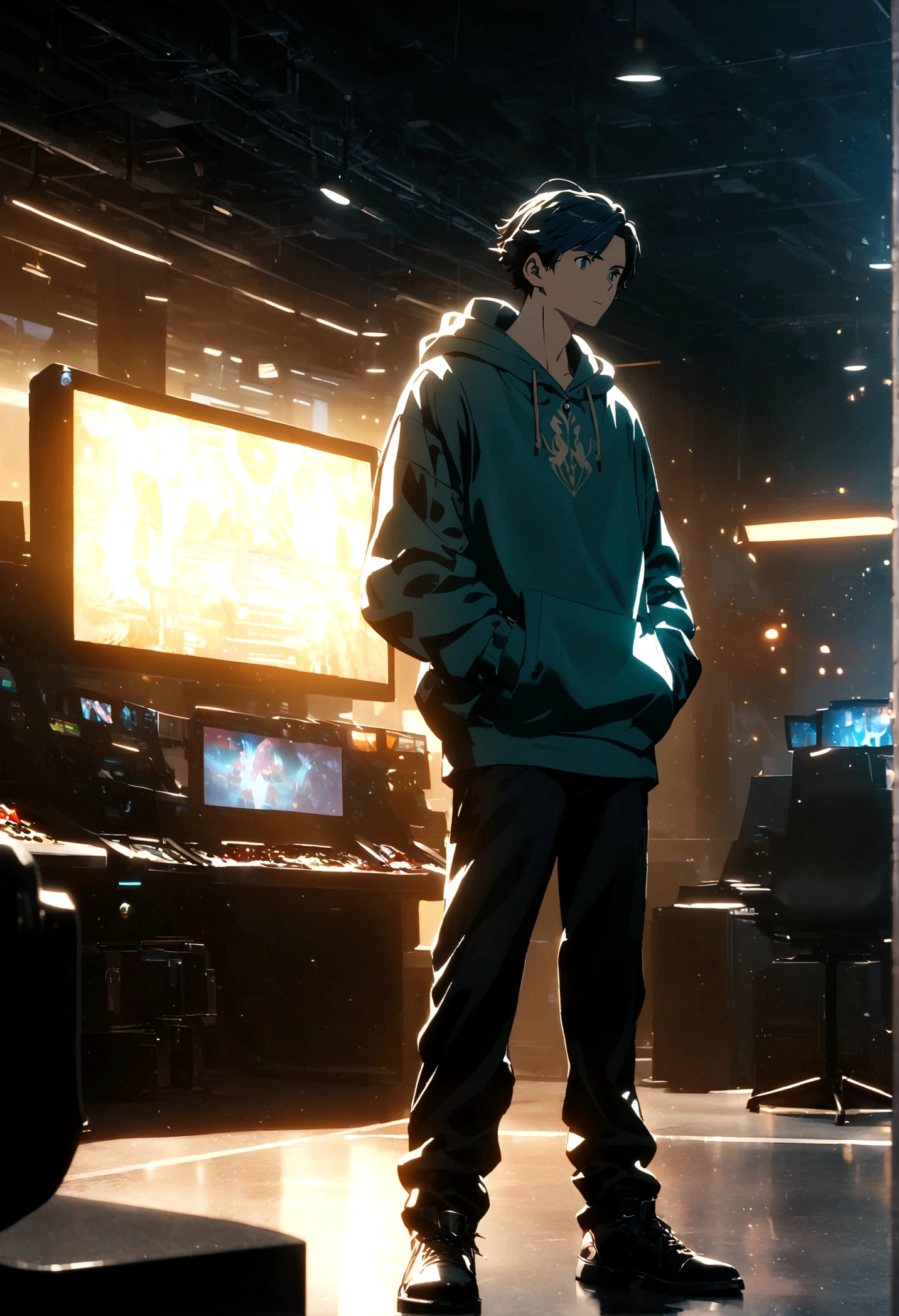 Animated cool boy standing straight in gaming studio wearing hoodie looking rich 