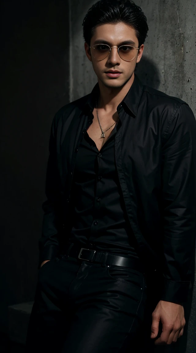 Handsome Boy , Black Shirt upper buttons open , black pant , black Sunglasses,  bedroom Background 