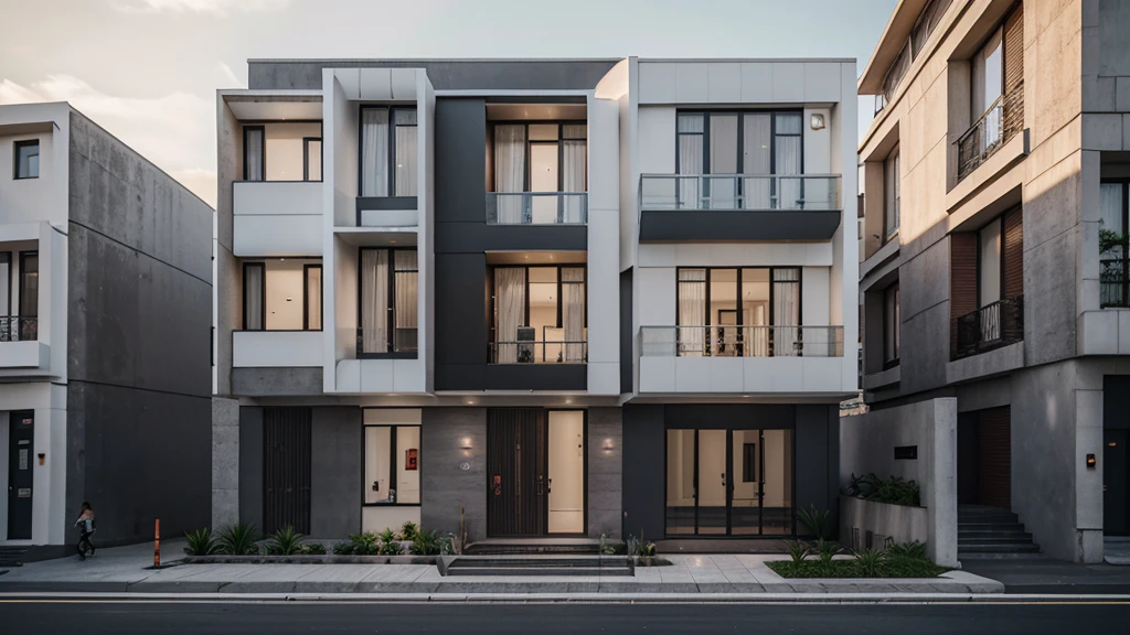 a rendering of a two story building with a staircase leading to the second floor, building facing, realistic building, perspective view, an extremely detailed building, architectural concept, office building, rendered 3d model, single building, full building, 3d rendering, 3 d rendering, perspective view, multistory building, orthographic 3d rendering, realistic concept, white mix black color, ISO 1600, dark color