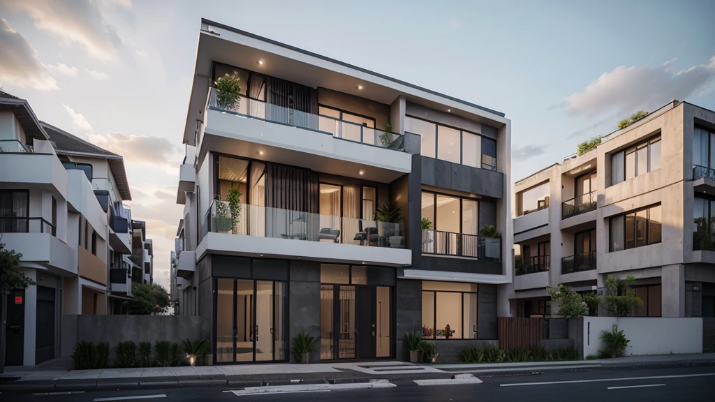 a rendering of a two story building with a staircase leading to the second floor, building facing, realistic building, perspective view, an extremely detailed building, architectural concept, office building, rendered 3d model, single building, full building, 3d rendering, 3 d rendering, perspective view, multistory building, orthographic 3d rendering, realistic concept, white mix black color, ISO 1600, dark color