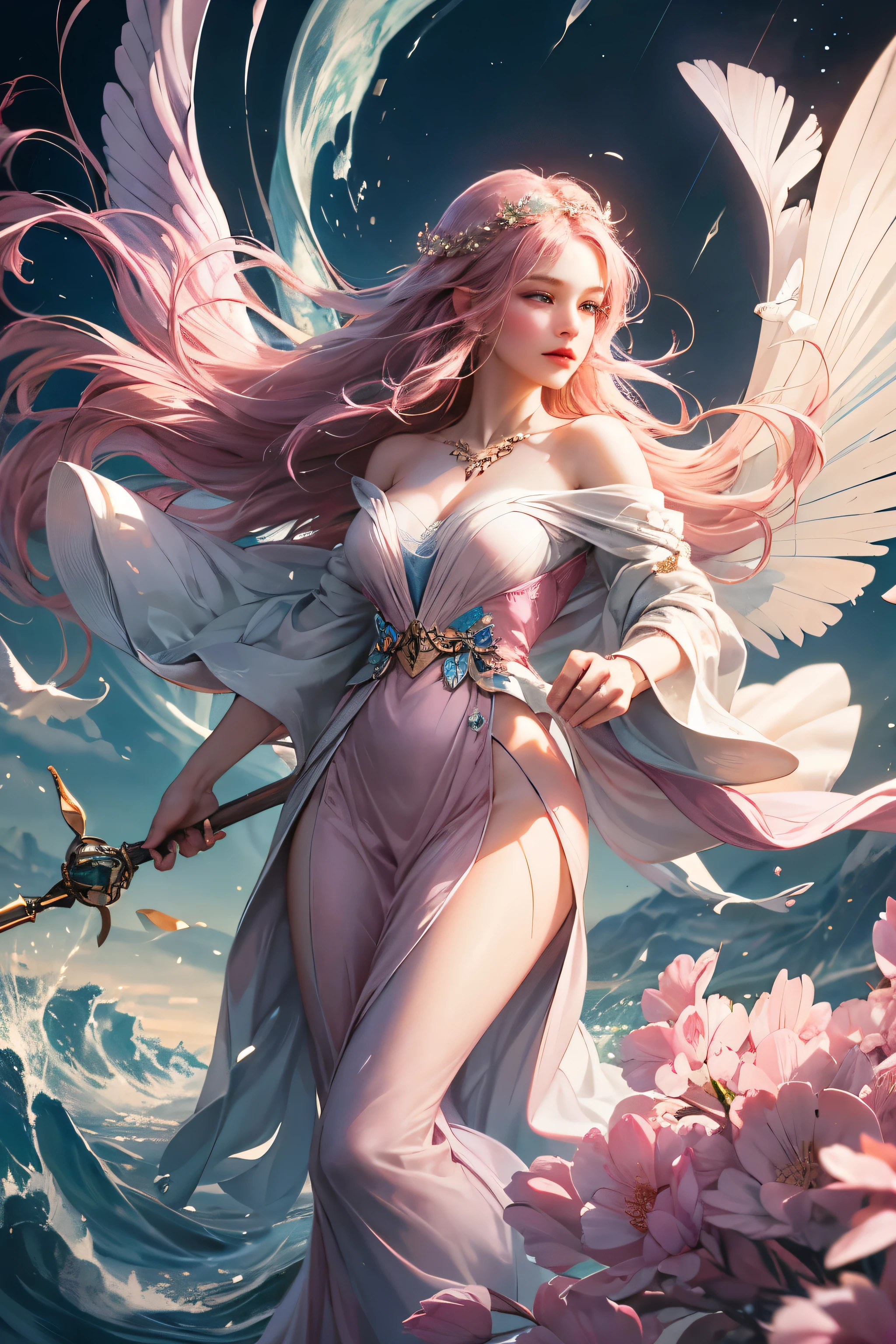 "Create an ultra-realistic image of a stunning 19-year-old female fairy with large, ethereal wings that ripple like gentle breezes. She should be holding an air magical staff that exudes the energy of air and wind, with swirling currents surrounding it. Dress her in a refined outfit with various shades of (((dark pink))), reflecting a delicate yet powerful connection to the element of air. Surround her with elements of air, such as swirling gusts and floating feathers, to highlight her mastery over this element. Incorporate a distinct air symbol or design on her body, indicating her role as the keeper of air and wind, showcasing the powerful airy energy she possesses within her."