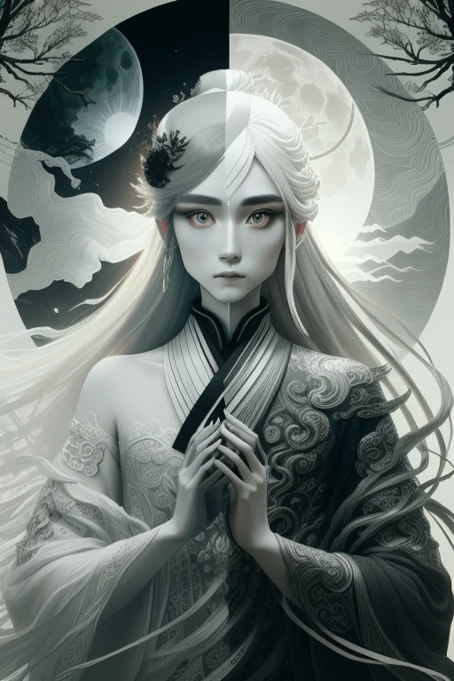 A Russian girl in her early 20s with ash grey hair, in a mythical forest, masterpiece, perfect face, intricate details, horror theme wabstyle, glowing, two-tone hair, fog, mist, white, black, split theme, two-tone, sun, moon,