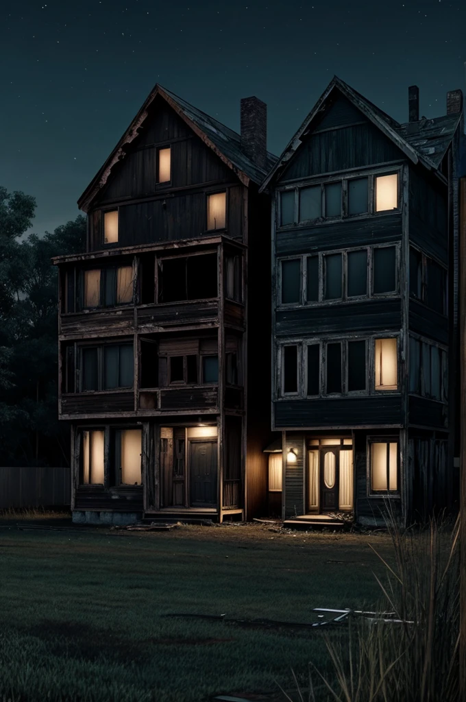 Dark and abandoned houses in a line at night without any human being ultra realistic.