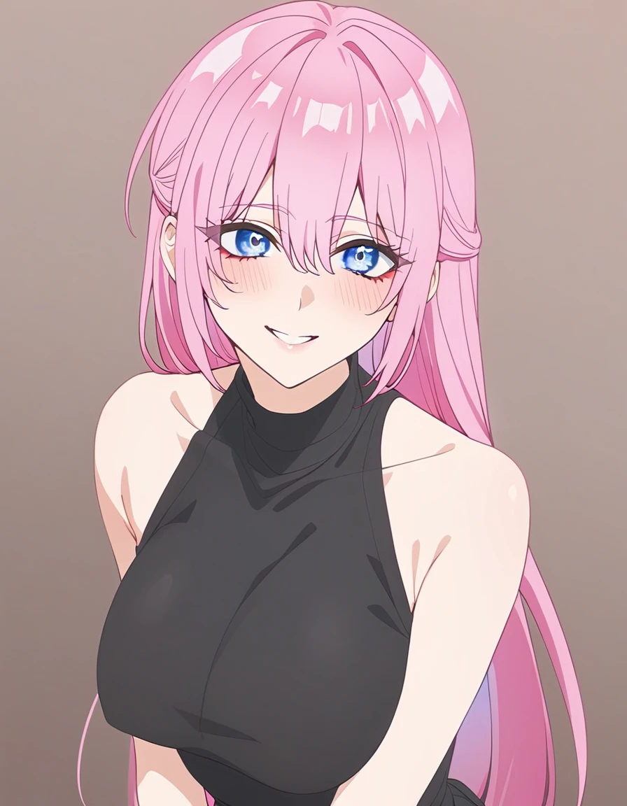 (shoujo-style:1.3), 1girl, shikimorisan, pink hair, long hair, blue eyes, hair between eyes, bangs, blush, makeup, smile, breasts, black sweater, bare shoulders, sleeveless, skirt, looking at viewer, masterpiece, best quality