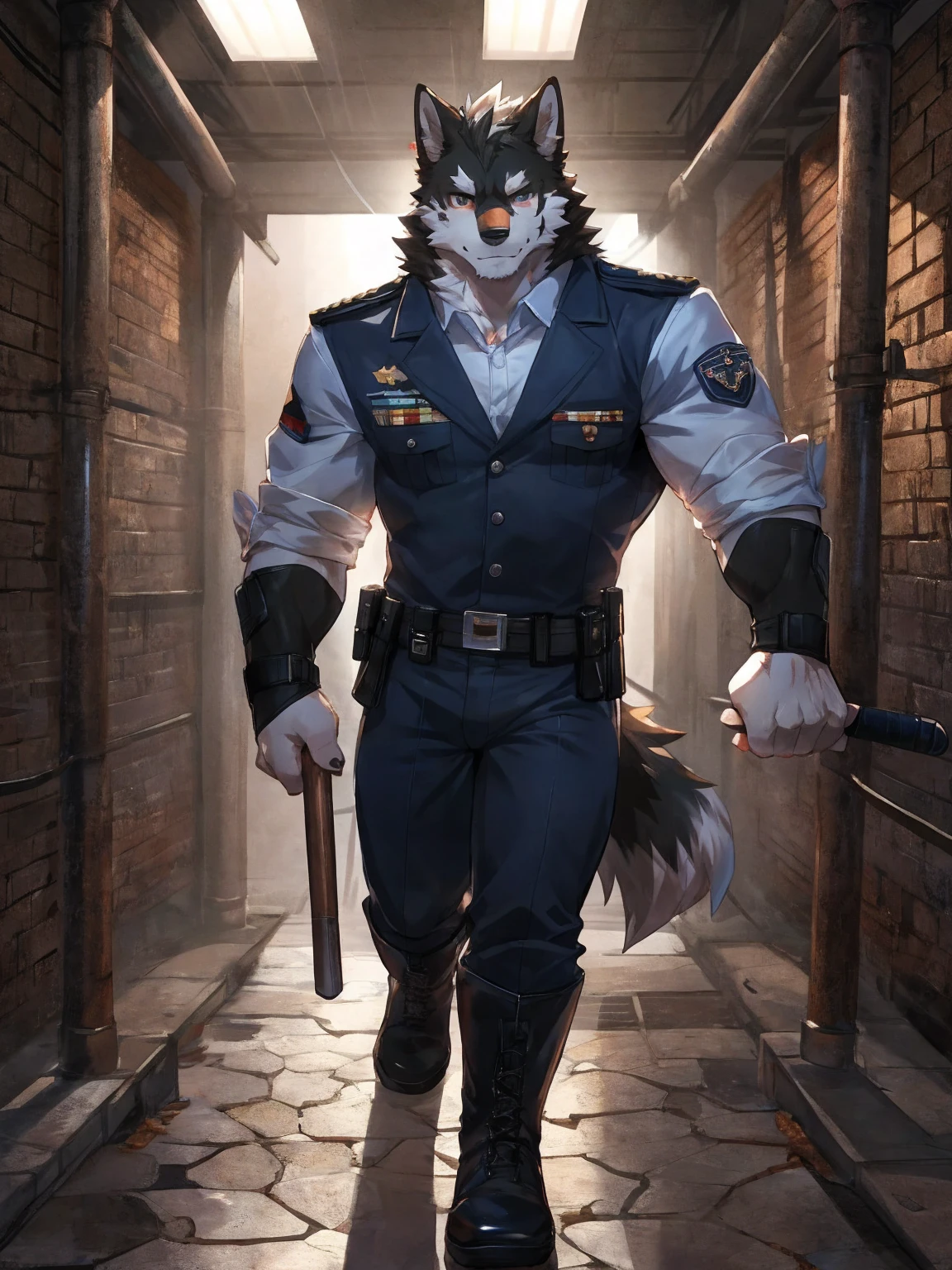 embedding:black wolf, male,Black sunglasses,Scar on the face, scar on the body,Single person,Prison guard,Warden's uniform,Leather boots,Prison scenes,With a baton in hand.The highest quality of scene detail,adult,Tall and powerful,muscle,Best quality hands, best quality eye,detailed fur,Delicate eyes.Extreme picture quality,by sollyz,by zixiong,by milkytiger1145