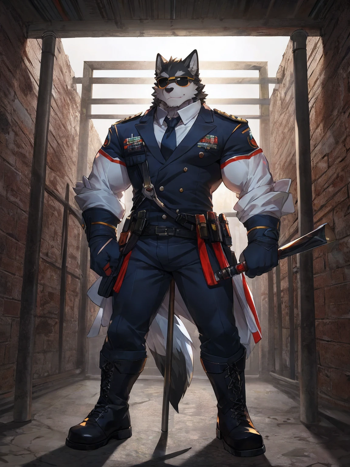 embedding:black wolf, male,Black sunglasses,Scar on the face, scar on the body,Single person,Prison guard,Warden's uniform,Leather boots，Prison scenes,With a baton in hand.The highest quality of scene detail,adult,Tall and powerful,muscle，Best quality hands, best quality eye，detailed fur，Delicate eyes.Extreme picture quality，by sollyz,by zixiong,by milkytiger1145