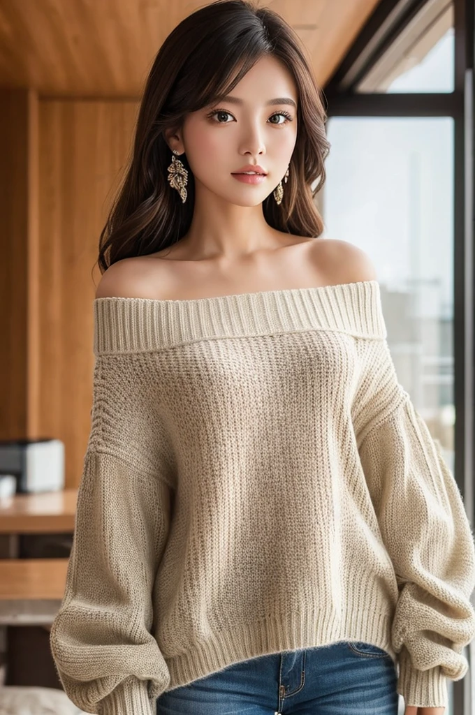 ((Highest quality)), ((masterpiece)), (detailed), One girl, Off-the-shoulder sweater, 