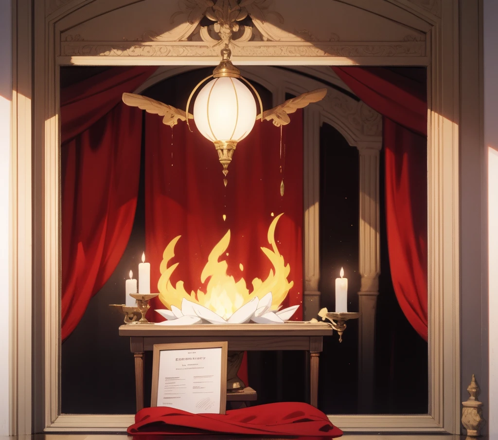 ((best quality)), ((masterpiece)), (detailed), (No humans),A red wedding certificate,Spontaneous combustion,There is no flame,The background is an ancient scene,houses,大师masterpiece,high quality