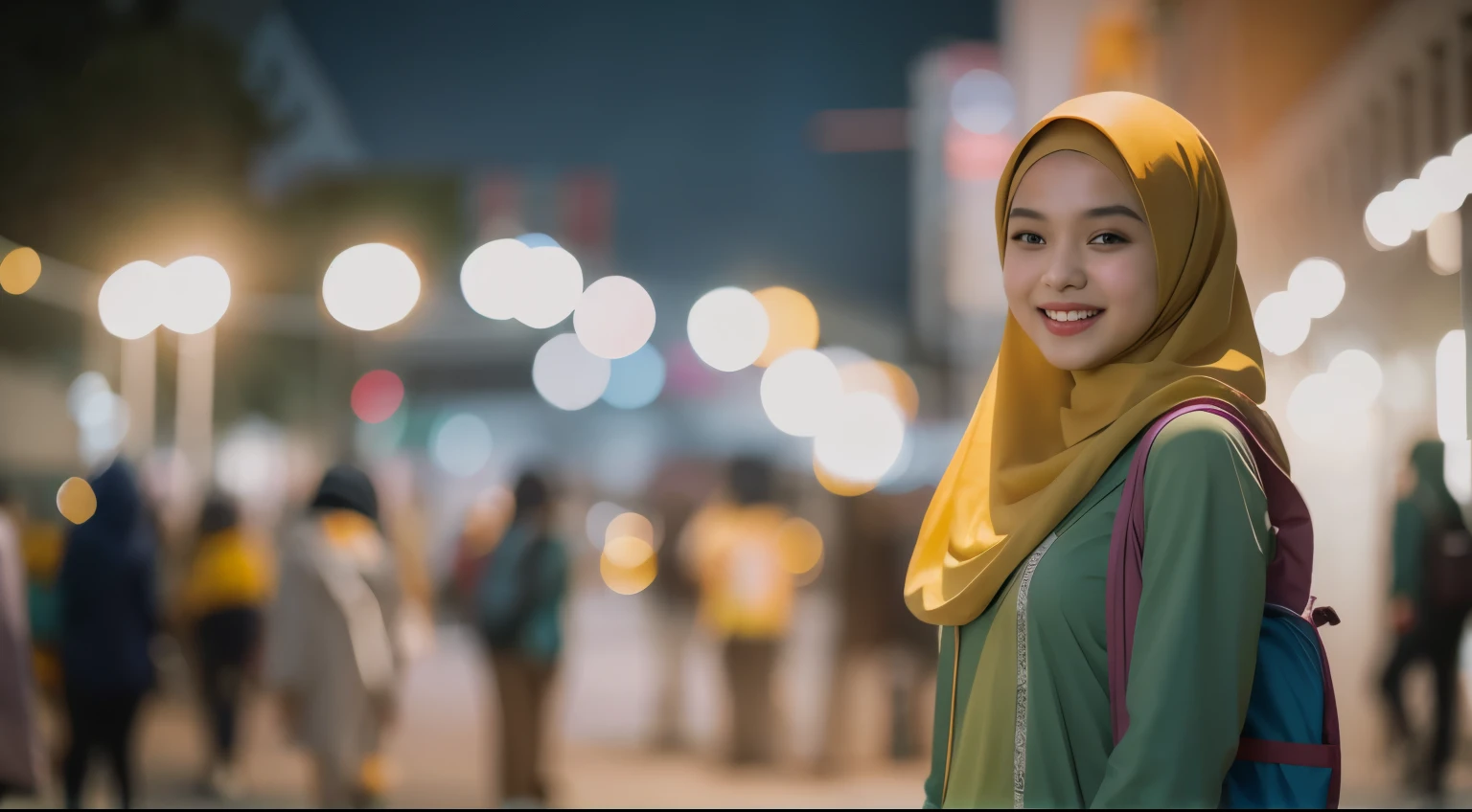 A girl, Malay, hijab, plain Malaysia baju kurung, college girl, back pack, detail skin, detail skin texture, mole below eyes, small breast, slim abs, beautiful body, nighttime, laughing, happy, bright lighting, college student scene, blur background, full body picture, rules of third, vibrant color grading, light leaks, starbursts, epic fantasy.