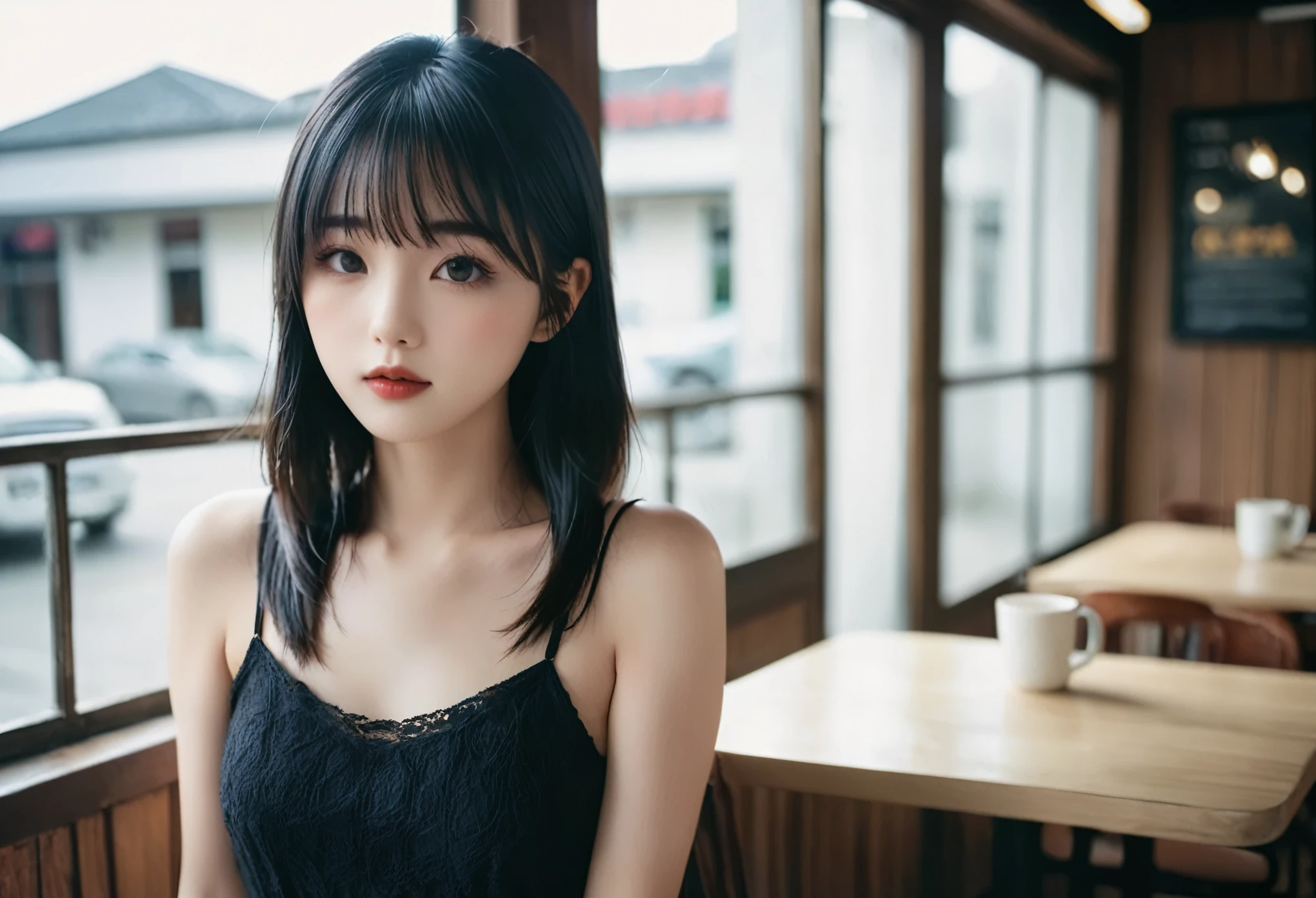 a girl，cute and pretty face，Long straight black hair，Long bangs covering eyes，long eyelashes，(Fine eyes)，small eyes，(half-closed eyes)，(Dark lipstick)，(Dark eyeshadow)，Slim body，Medium breasts，Slender limbs，Black spaghetti strap dress，Inside an old coffee shop，clean focus，shallow Depth of Field，Ultra-detailed faces，very beautiful face，Extremely high texture skin，Look to viewer，beautiful legs，seductive，femainine pose，(realistic ，realistic-photo，RAW photo，8K original)，lens flare，film grain，artistic photography，UHD，highres，masterpiece，retina，