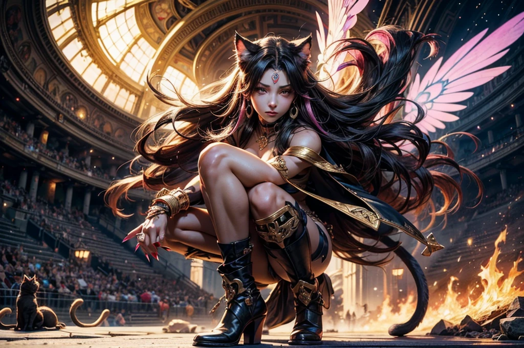 There is lost coliseum there stand female lionessin battle stance, she have ebony colour skin beautiful yellow cat eyes dark gold eyeshadows make up, ring style earrings, her hair is purple with pink highlights . she dressed in white neather topic with golden parts on countures also short and white leather straps on her cat legs instead of boots, her hands have hude ruby claws on her fingers, (ultra high quality fantasy art, anime fantasy style, masterpiece, ultra high quality character design, 8k quality anime art, realistic anime art, top quality wallpaper illustration, detailed ultra high quality accurate face, high quality design and accurate physic)