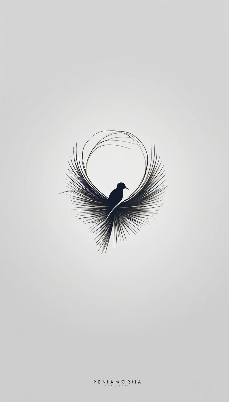 A minimal, modern, simple, cinematic logo design for the brand “Penamemoria". Create a modern, minimalistic, high-quality, logo of a bird with special and thin threads as tail
