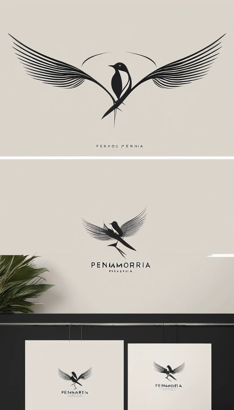 A minimal, modern, simple, cinematic logo design for the brand “Penamemoria". Create a modern, minimalistic, high-quality, logo of a bird with special and thin threads as tail