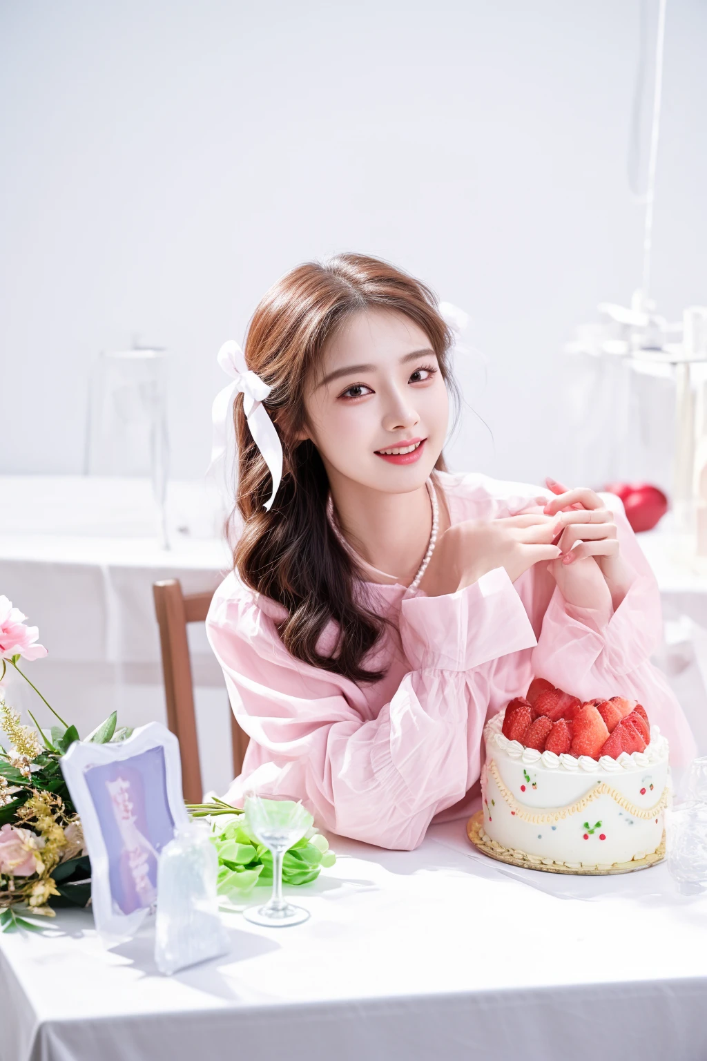 there is a woman sitting at a table with a cake, tzuyu from twice, sha xi, cai xukun, high res, a cute young woman, cute:2, fanart, taejune kim, photoshoot, official photos, cake, taken with canon eos 5 d mark iv, eating cakes, official artwork, heonhwa choe, ulzzang