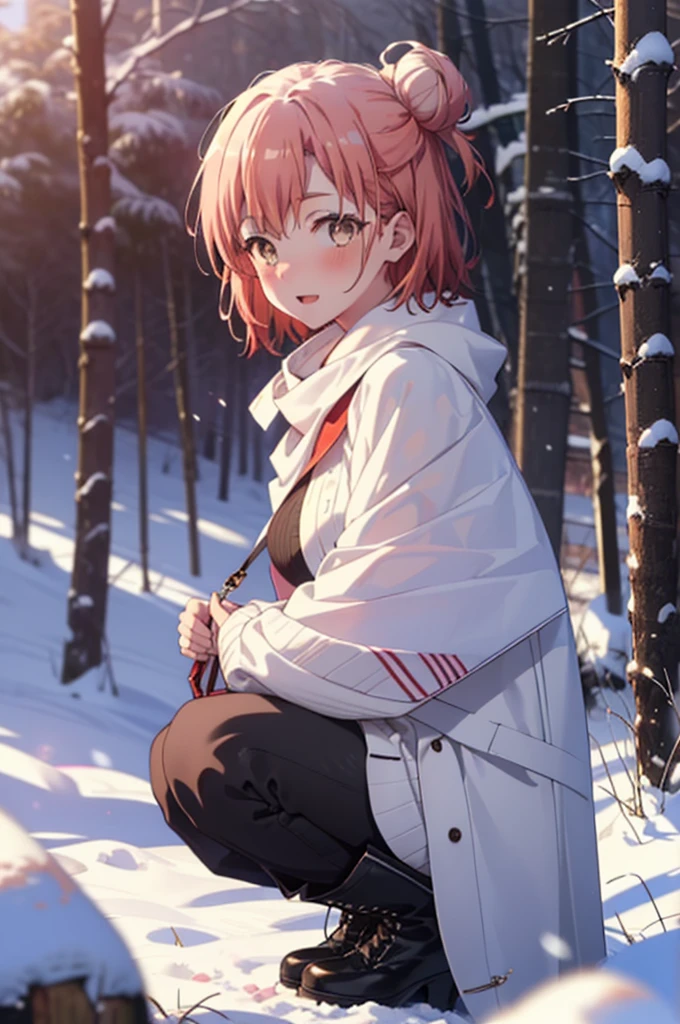 yuiyuigahama, yui yuigahama, short hair, (Brown eyes:1.5), (Pink Hair:1.2), Hair Bun, single Hair Bun, smile, (Big Breasts:1.2),smile,blush,White Breath,
Open your mouth,snow,Ground bonfire, Outdoor, boots, snowing, From the side, wood, suitcase, Cape, Blurred, forest, White handbag, nature, Squat, Mouth closed,Cape, winter, Written boundary depth, Black shoes, red Cape break looking at viewer, Upper Body, whole body, break Outdoor, forest, nature, break (masterpiece:1.2), Highest quality, High resolution, unity 8k wallpaper, (shape:0.8), (Beautiful and beautiful eyes:1.6), Highly detailed face, Perfect lighting, Highly detailed CG, (Perfect hands, Perfect Anatomy),