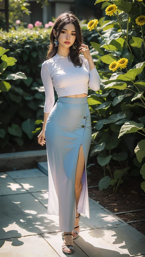 masterpiece, best quality, high detail, beautiful woman, long hair, straight hair, dark blue hair, low ponytail, white unbuttoned jacket, t-shirt, gray maxi skirt, long gray skirt, upper body, wide hips, sneakers, looking at viewer, light smile, garden, backyard,